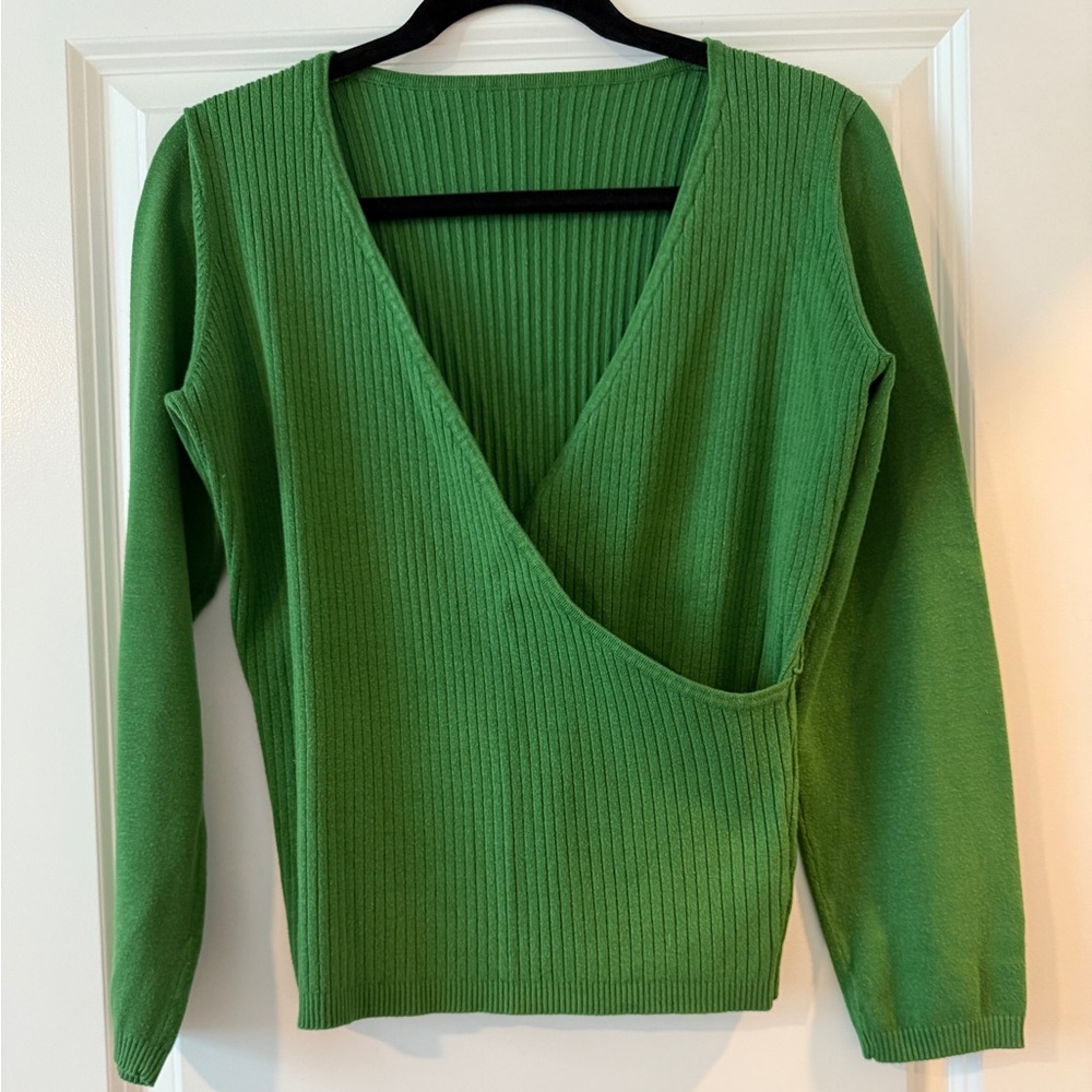 Green Ribbed V-Neck Sweater